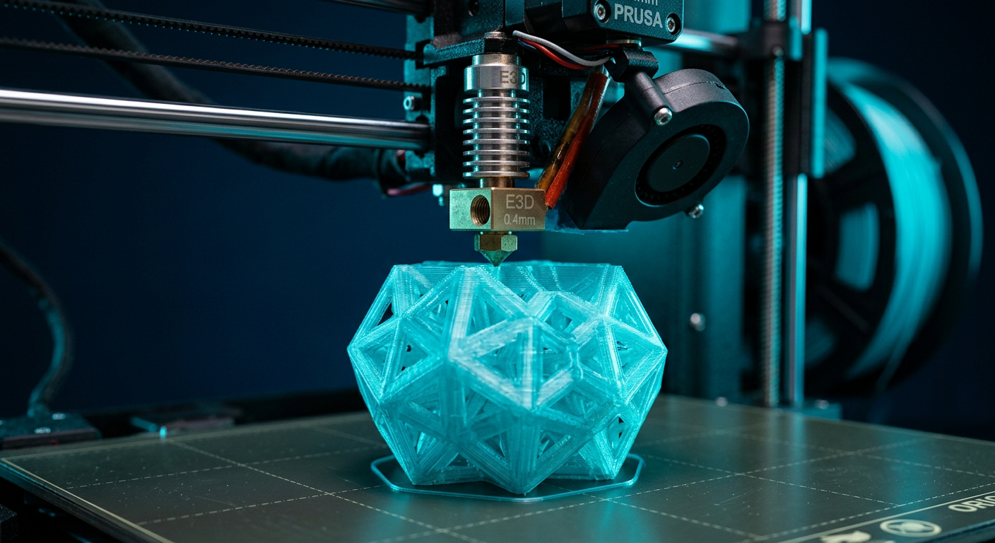 Bico de impressora 3D imprimindo uma peça geométrica em ciano, camada por camada